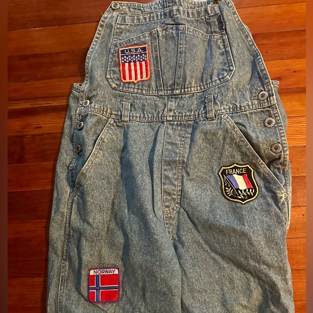 Blue Jean overalls patches France USA Norway Italy size small vintage upcycled
